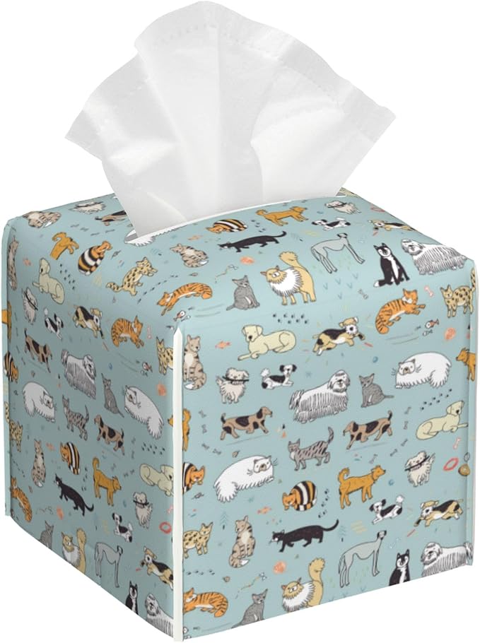 Tissue Box Cover Doodle Cats and Dogs Leather Tissue Box Holder Cube Paper Case Cover Facial Paper Organizer Dispenser for Bathroom, Vanity Countertop, Office Desk