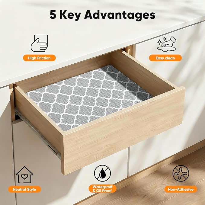 Coavas Extra Grip Thickened Shelf and Drawer Liner - Non-Adhesive Non-Slip Waterproof Mats for Kitchen Cabinets, Drawers, Shelves, Dresser & Cupboard, Easy Cut DIY (Gray, 17.5IN x 20FT)
