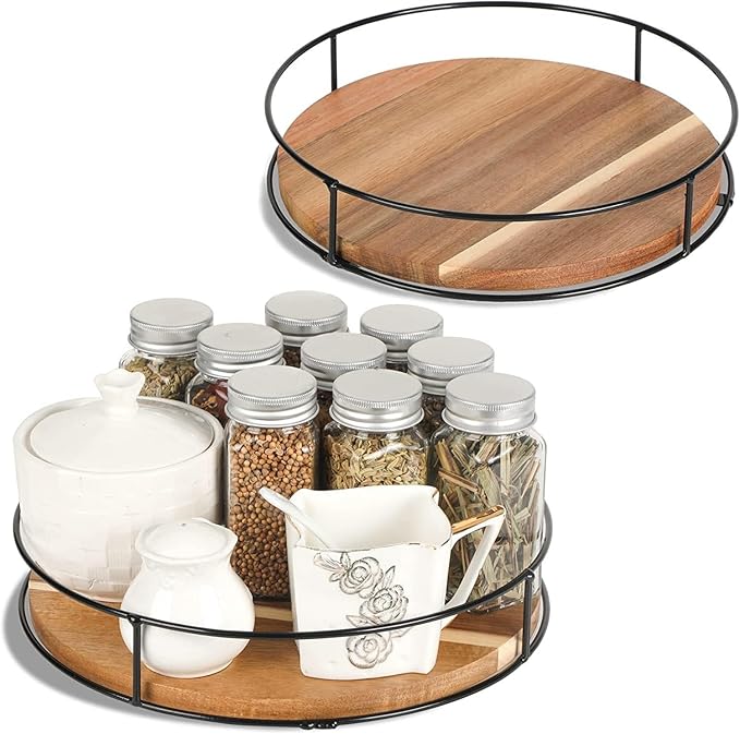 Lazy Susan Organizer - Non-Skid Wood Turntable Organizer for Cabinet, Pantry, Kitchen Countertop, Refrigerator, Spice Rack, Carbonized Black