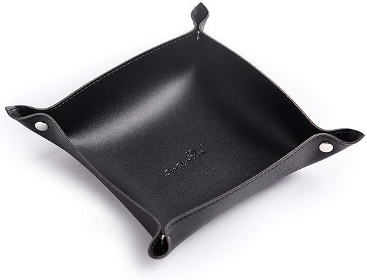 SANQIANWAN Leather Jewelry Valet Tray for Women and Man, Portable Entryway Table Tray Bedside Nightstand Desk Tray Small Catchall Travel Dish Plate for Key,Wallet,Watch,Coin (Black-B)