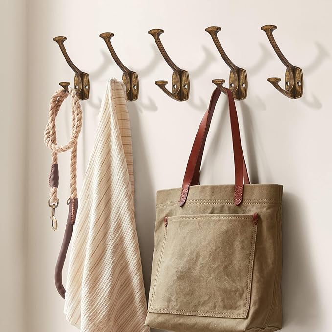 10 Pack Antique Brass Hooks Decorative Heavy Duty Solid Large Coat Hooks for Towel Hanging Coats Robe Wall Mounted Towel Bags Door Back Bathroom Wall Hook.