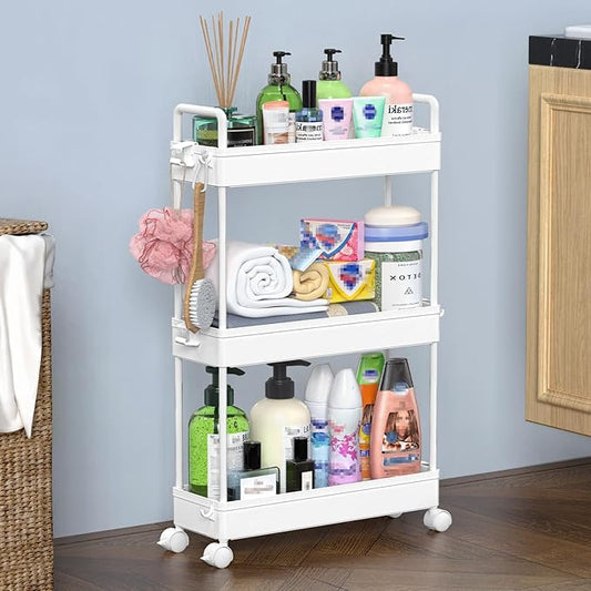 SOLEJAZZ Slim Rolling Storage Cart with Wheels 3 Tier Skinny Bathroom Storage Organizer Thin Laundry Room Utility Cart Space-Saving for Bedside Kitchen Office Small Narrow Places, White
