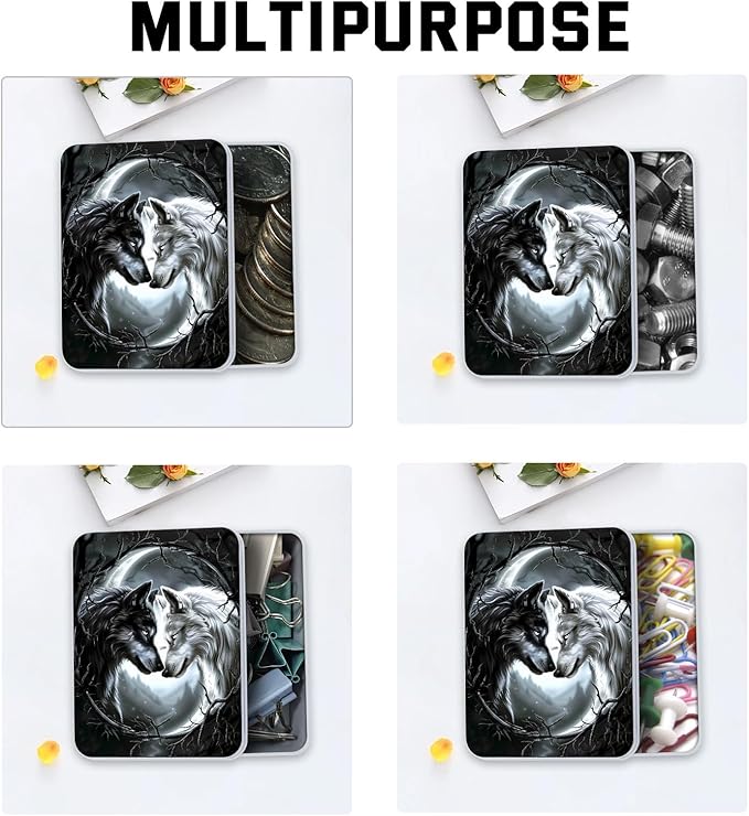 Metal Tin Box with Lid,Multi-functional Storage Large Box Can Store Tea Biscuits Game Cards, Playing & Tarot Cards-Comes with 4 Magnetic Cord Clips,Black and White Twin Wolves