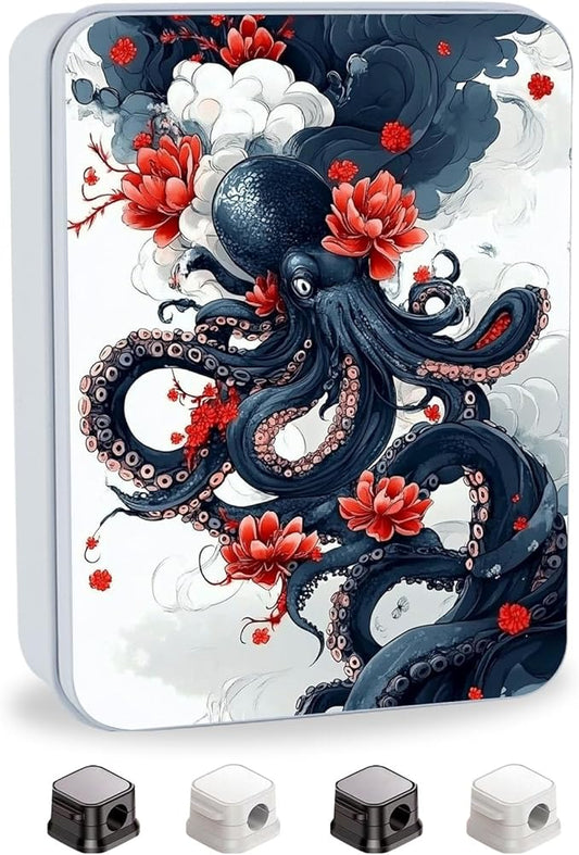 Metal Tin Box with Lid,Multi-functional Storage Large Box Can Store Tea Biscuits Game Cards, Playing & Tarot Cards-Comes with 4 Magnetic Cord Clips,Octopus with Red Flowers
