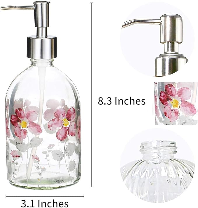 17oz Glass Soap Dispenser with Plastic Pump, 2 Pack Refillable Kitchen Soap Dispenser for Dish Soap, Soap Dispenser Bathroom for Hand Soap, Lotion, Body Wash(Flower)