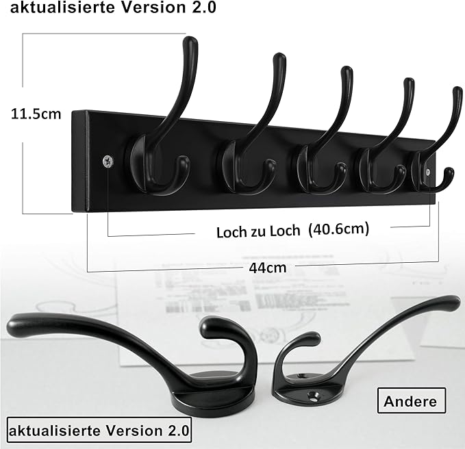 Dseap Wall Mounted Coat Rack: 16" Hole to Hole, Coat Hook Hanger with 5 Metal Hooks for Hanging Coats Towels Hats Clothes, Black