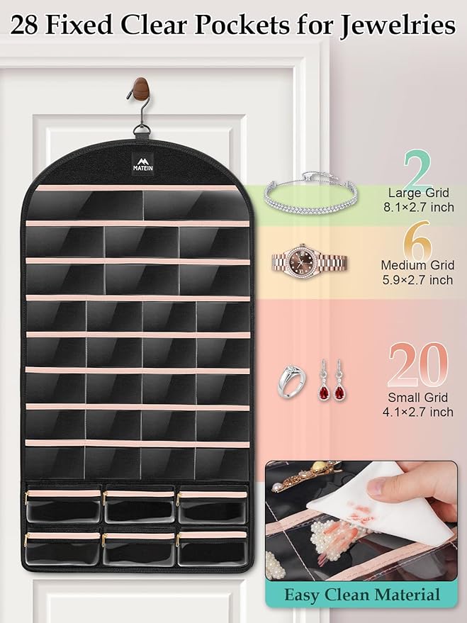 MATEIN Hanging Jewelry Organizer with Removable Zipper Jewelry Pouches, Tangle-Free Necklace Hanger for Closet with Metal Hook, Over the Door Earring Storage Bracelet Ring Holder, Unique Gifts for Her