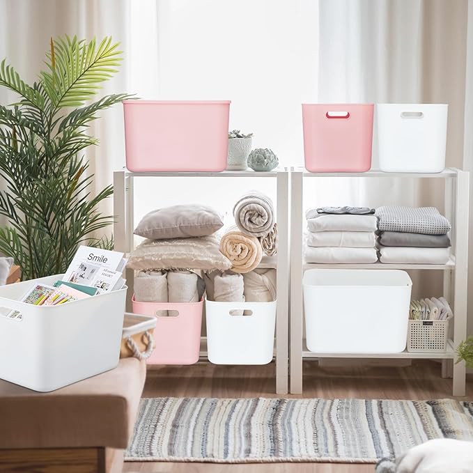 Hoolerry 8 Pieces Colorful Storage Bins with Lid, Plastic Storage Basket Organizing Container Stackable Box with Handle for Shelves Desktop Playroom Office(14.2 x 10.2 x 9.5 Inch,White and Pink)