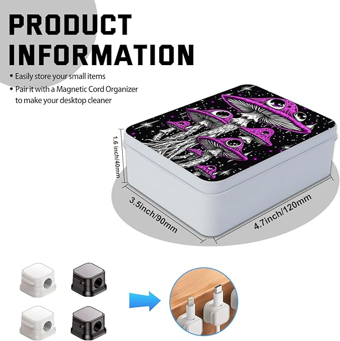 Metal Tin Box with Lid,Multi-functional Storage Box Can Store Tea Biscuits Game Cards, Playing & Tarot Cards-Comes with 4 Magnetic Cord Clips,Psychedelic Purple Mushrooms