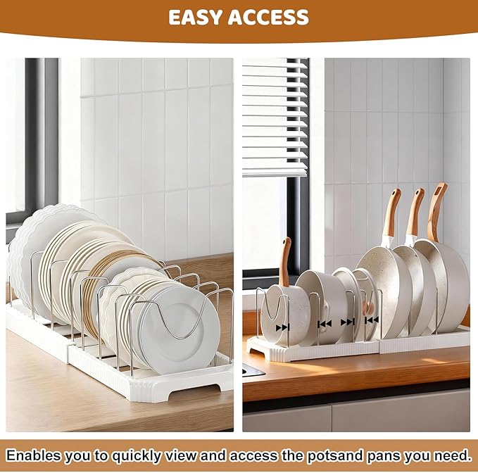 Pots and Pans Organizer Under Cabinet, 7-Slot Expandable Pot Rack Organizer with Cup Brush, Kitchen Pots and Pans Organizer for Cookware, Lids, Bakeware, Cutting Boards Tool-Free Installation (White)
