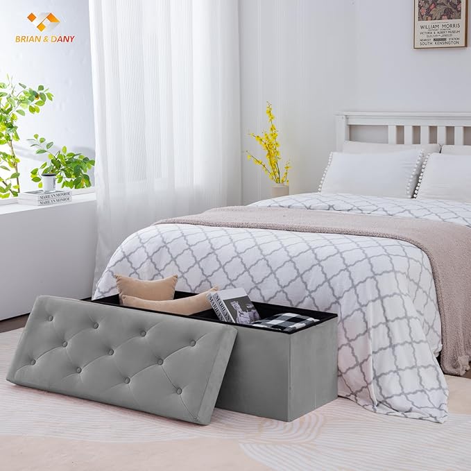 BRIAN & DANY 43 Inches Folding Storage Ottoman Bench, Velvet Ottoman with Storage for Living Room, Long Shoes Bench,Flannelette Footrest Benches Seat (Grey)