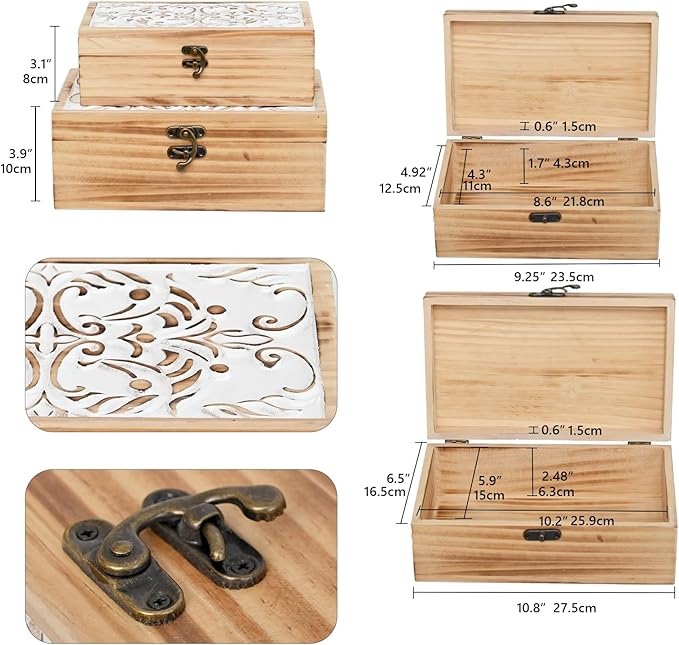 Wooden Storage Box Set of 2 - Hand Carved Floral Decorative Boxes with Hinged Lids - Solid Pine Keepsake Organizer for Jewelry, Photos, and Rustic Farmhouse Home Décor