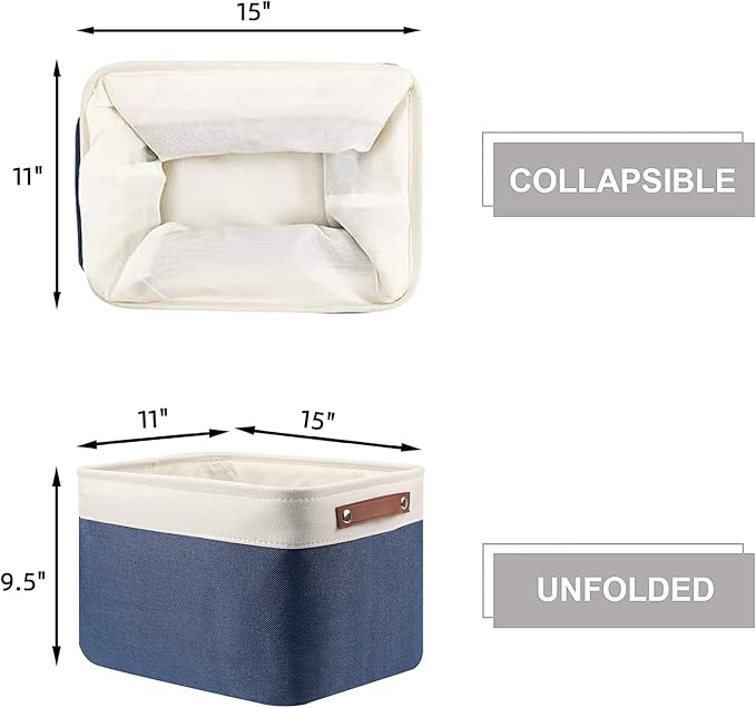 HNZIGE Large Storage Baskets for Shelves(3 Pack) Fabric Toy Basket with Leather Handles, Decorative Foldable Storage Baskets (White&Blue,15" x 11" x 9.5")