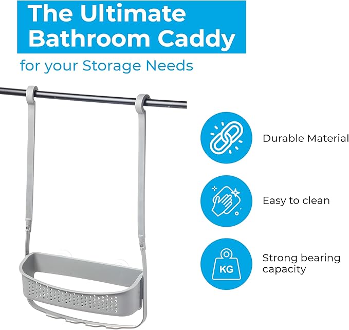 Blue Canyon Hanging Shower Caddy Single Basket, No Drill Bathroom Shelf, Non-Rusting Storage Shelves, Shower Accessory for Bathroom Organisation Shelf, Over Bath Storage Shower Basket Organizer, Grey