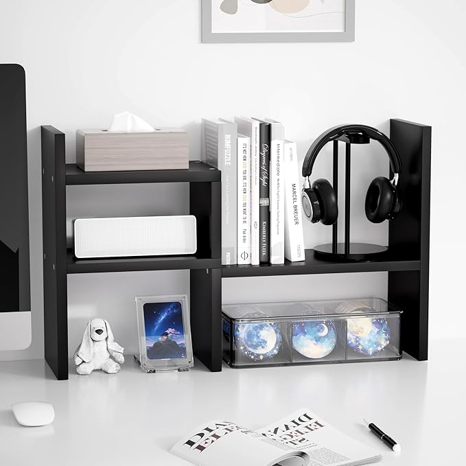Jerry & Maggie Desktop Organizer Office Storage Rack Adjustable Wood Display Shelf Birthday Gifts Toy Home Decor Free Style Rotation Display True Natural Stand Shelf (Black/2 Pack)