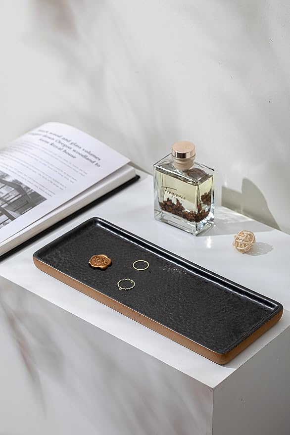Vanity Tray with Brown Trim, Candle Tray, Bathroom Countertop Perfume Holder Organizer, Decorative for Dresser, Table, Countertop, Home dÃ©cor, Rectangular, Black, 12''Ã4.7''