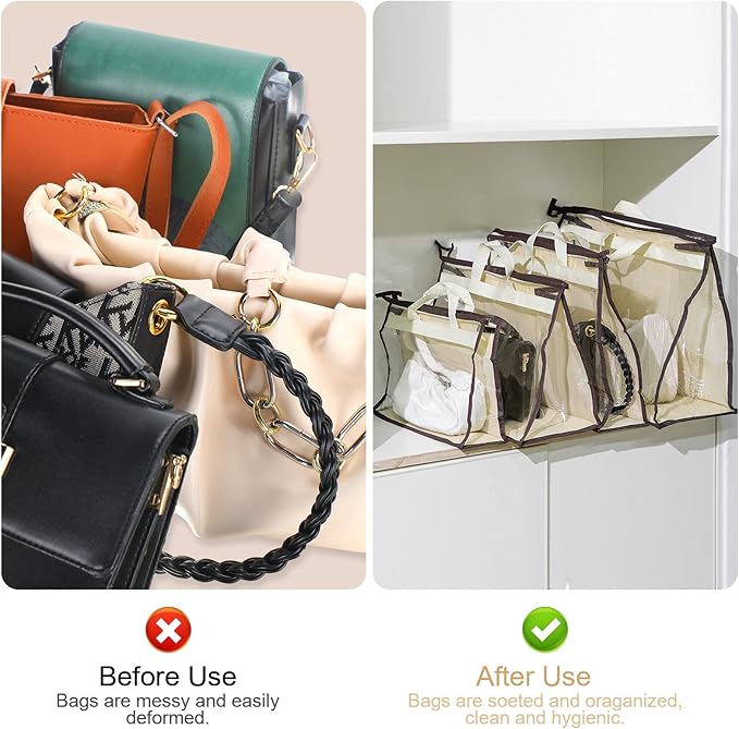 16 Pack Clear Handbag Storage Organizer and 16 Stainless Steel S-Hooks Anti-dust Purse Storage Bags with Zipper and Handle Moisture Proof Dust Cover Organizer Bags for Closet Hanging, 4 Assorted Sizes