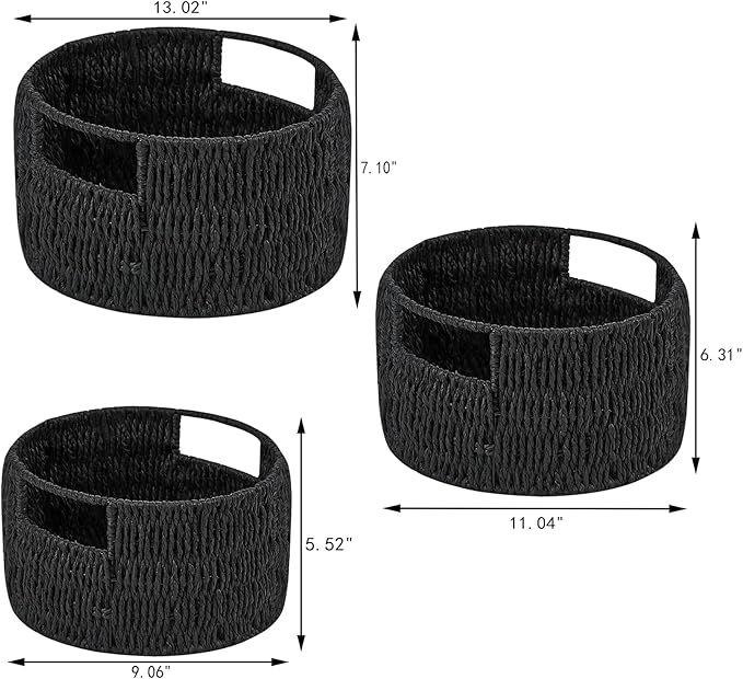 Vagusicc Wicker Storage Basket, Hand-Woven Paper Rope Large Round Woven Basket With Handles, Wicker Baskets for Organizing/Storage, Black, 3-Pack