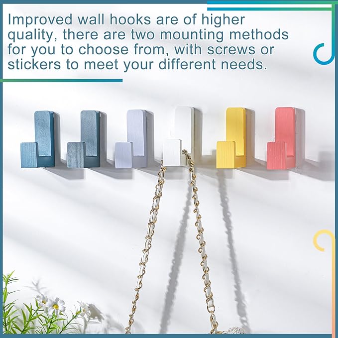 6 Pack Cute Kids Coat Wall Hooks Wooden Adhesive Decorative Colorful Wall Mounted Hangers Backpack Hooks for Hanging Keys Towel Clothes Bathroom Organization(Colorful)