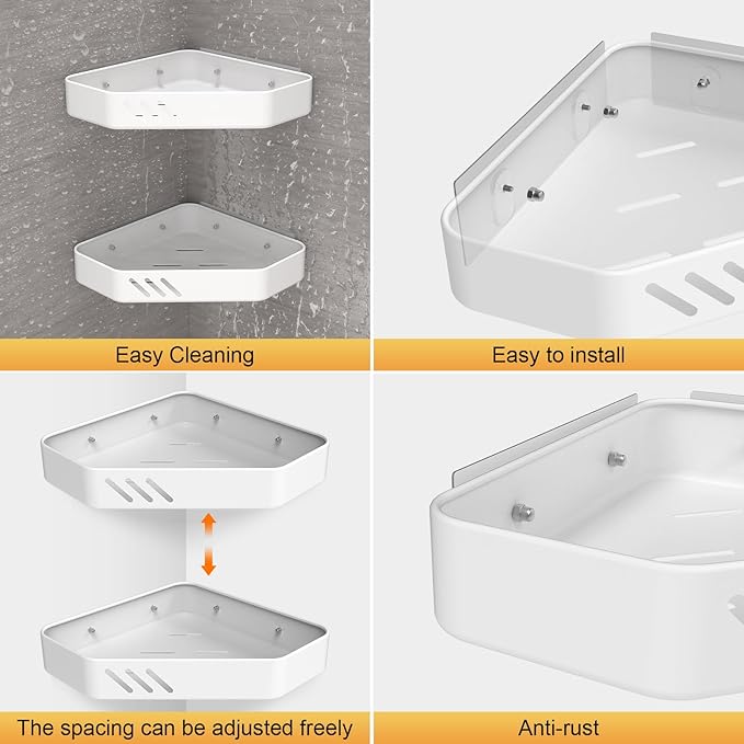 Ibergrif M34034W Bathroom Corner Shelf, Shower Caddy Corner, Bathroom Storage Shower Organizers, Self Adhesive or Wall Mounted, 2 Pack White