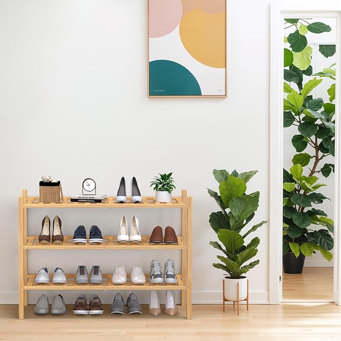 Haddockway 3 Tier Bamboo Shoe Rack Storage Organizer, Multifunctional Free Standing Stackable Shoe Shelf with Grid Panel for Closet,Hallway,Entryway,Small Space 27"x11"x20"