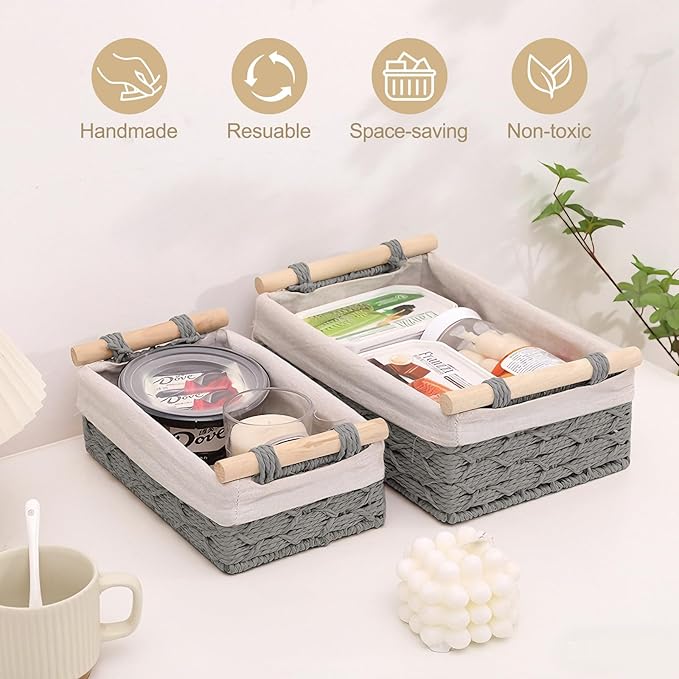 Wicker Storage Baskets with Wooden Handle, Decorative Paper Rope Organizer Bins for Home, Bathroom, or Countertop, Small Baskets Set of 2 (Grey)
