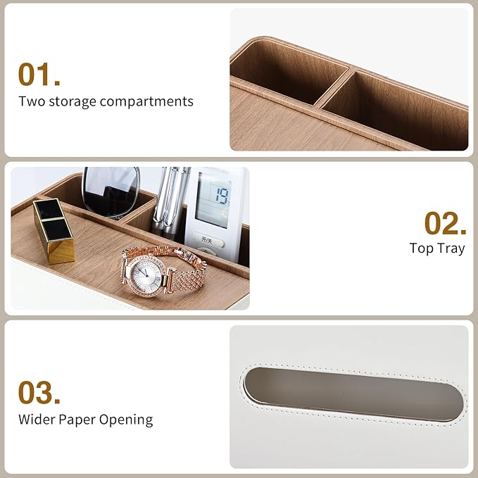 PU Leather Tissue Box Cover Rectangular with Storage Organizer, Multifunctional Remote Control Holder, Desk Organizer for Living Room, Bedroom, Office, Decorative Tissue Holder with Compartments Beige