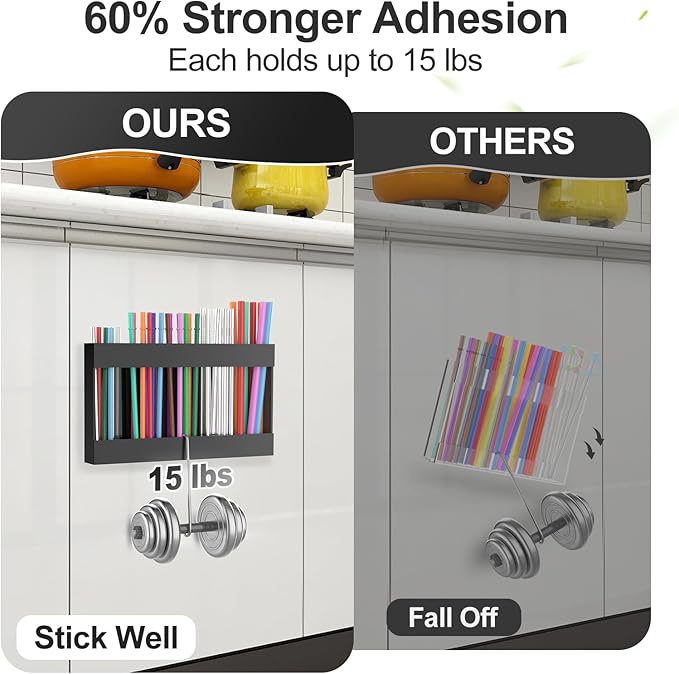 2 Pack 9.5” Large Acrylic Straw Holder for Cabinet Door with Detachable Ultra Sticky Adhesive Squares and Stickers, 2026 Reusable Straws Organizer Storage Dispenser for Kitchen Counter Cupboard