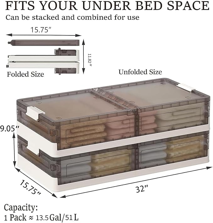 Under Bed Storage Containers - 3Pack, Stackable Under Bed Rolling Storage Plastic Containers, 13.5Gal Storage Bins with Wheels, Multi-purpose Storage Bins with Lids for Clothes, Shoes, And Duvets