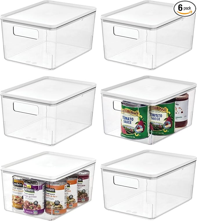iDesign Pantry Bin with Removable Lid - Plastic Storage Bin with Handles - Set of 6, Clear/White