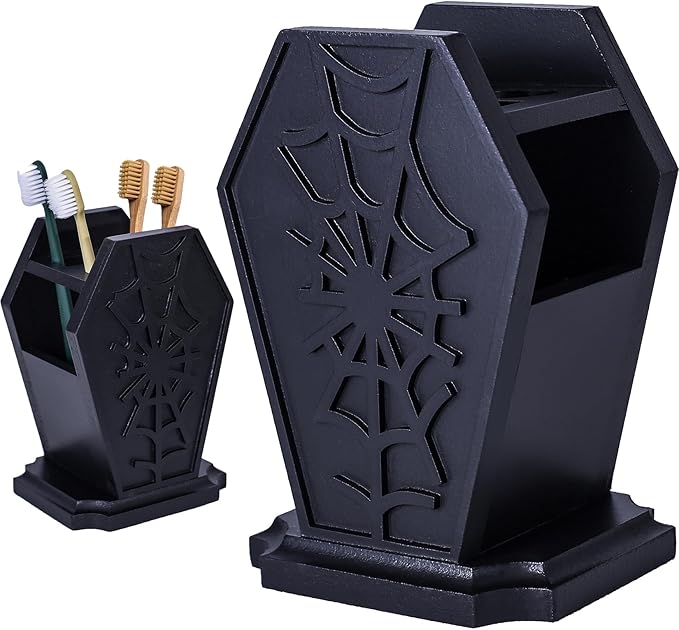 Gothic Decor Coffin Toothbrush Holder - Halloween Goth Bathroom Decor Brush Holder for Oddities and Curiosities - Spooky Pen Organizer for Kids and Adults - Witchy Gifts for Women