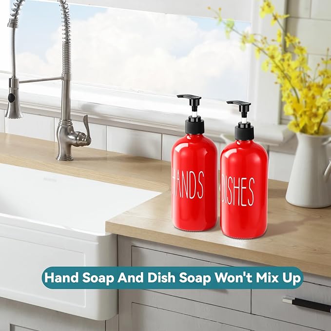 Glass Soap Dispenser Set 2 Pack,16 Oz Dish Soap Dispenser for Kitchen Sink,Red Kitchen Accessories and Kitchen Decor,Red Decorations and Kitchen Utensils for Kitchen
