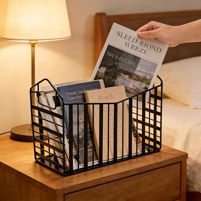 Metal Magazine Holder, Document File Rack with Handle, Newspaper Book Folder Mail Organizer Bin, Iron Wire Tablet Storage Basket Stand for Home Office Bathroom Bedroom Den Living Room, Black