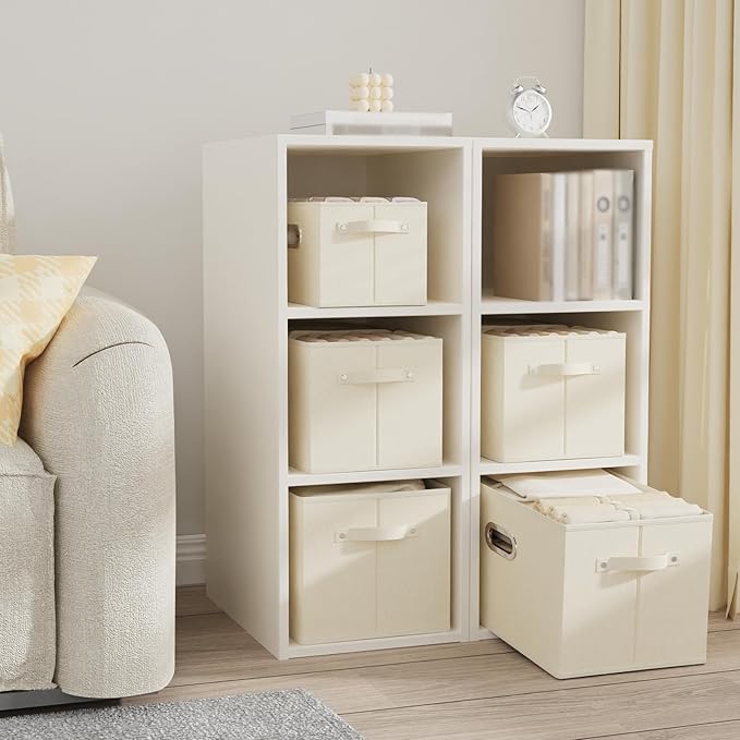 Foldable Cloth Basket with 4 Handles, Decorative Open Storage Boxes, Stackable Cube Organization, Fabric Bins for Shelves, Closet, Living Room, 13x9.1x7.9in, Beige, 4 Pack