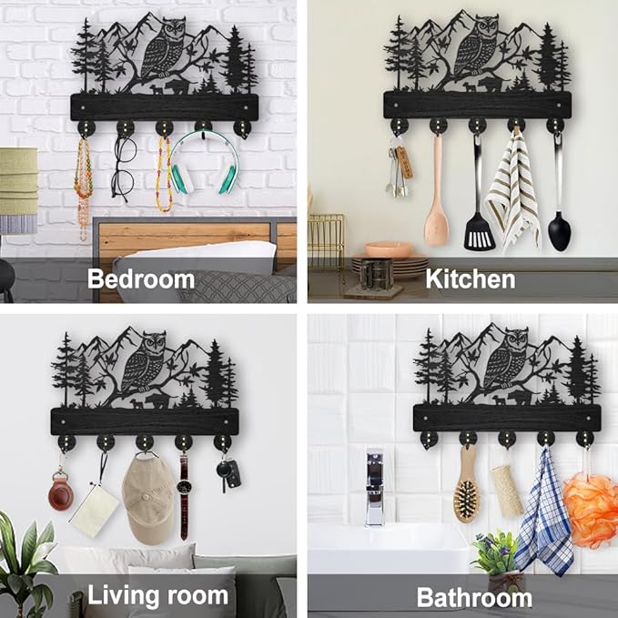 MAYJOYDIY Owl Mountain Forest Coat Rack 11.8×7.9inch Wood Bear Family Key Holder for Wall Autumn Forest Animal Wall Key Hooks Hanger 5 Alloy Hooks Key Rack for Home Art Decor Entryway Gift