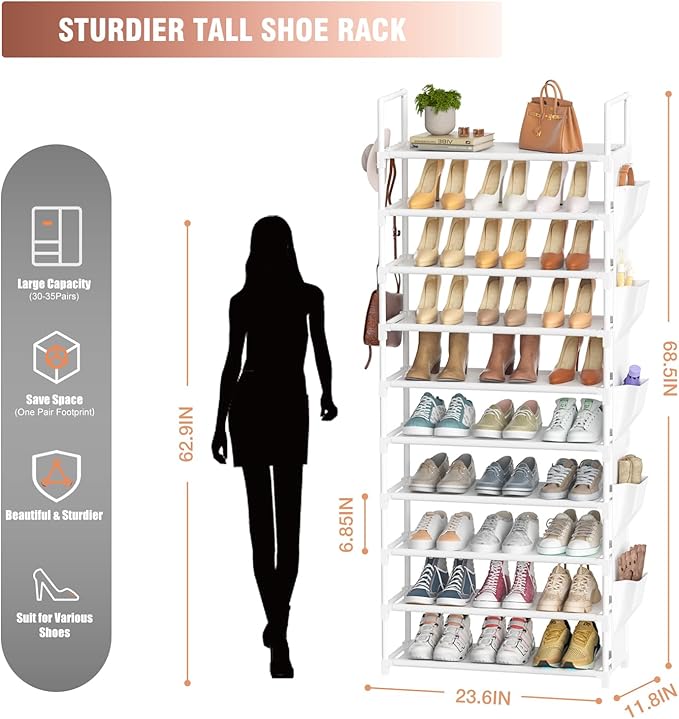 Tall Shoe Rack 10 Tier Shoe Racks Organizer for Closet 30-35Pairs,Large Capacity Storage Rack for Shoes with 5Hooks and Side Pocket,Sturdy Metal Shoe Shelf, Vertical Shoe Stand Tower