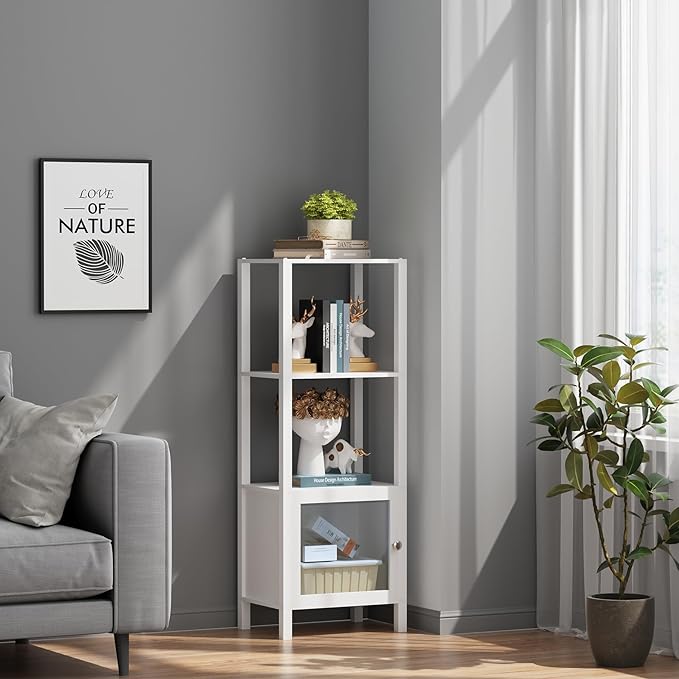 TUTOTAK 4 Tier Bookcase and Bookshelf, Narrow Book Shelf with Door for Small Space, for Living Room, Office, Study, Entryway, White BS03BW004