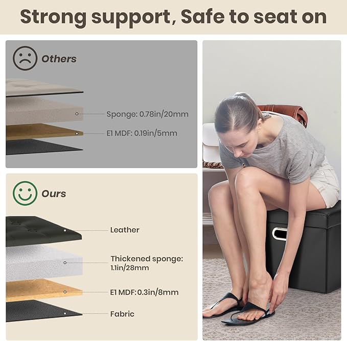 COSYLAND Ottoman with Storage Folding Leather Ottoman Footrest Foot Stool Black Ottoman for Room Small Rectangle Collapsible Bench Furniture with Handles Lid Toy Chest 17x13x13in