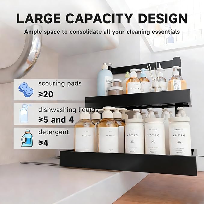2-Tier Under Sink Pull Out Organizer, Bamboo Cabinet Storage Shelf with Adjustable Height, 9 Inch White Slide Out for Kitchen Bathroom Pantry Black