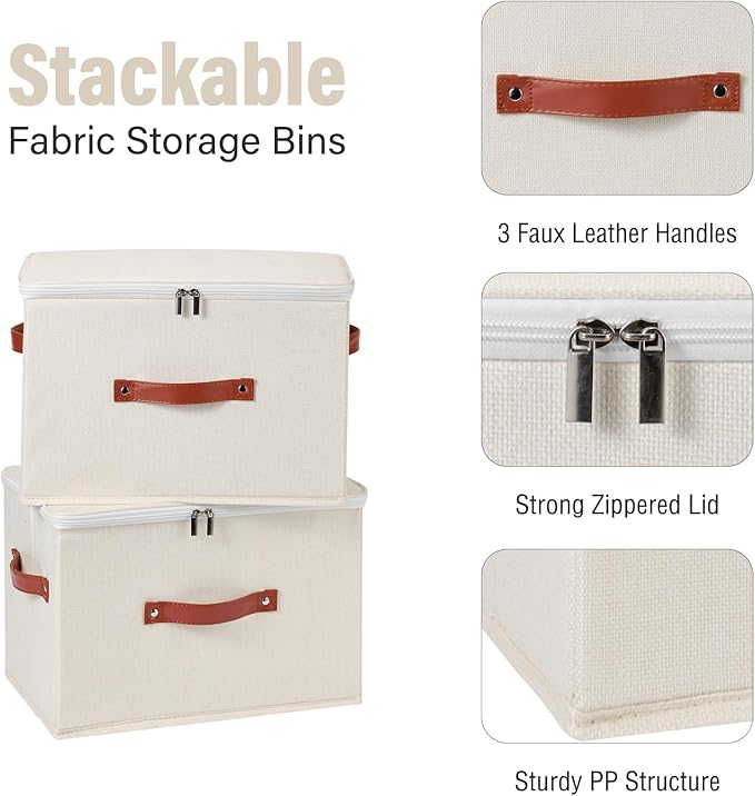 Storage Bin Box with Zippered Lid Cotton Linen Fabric Decorative Basket with PU Leather Handles PP Plastic Board Foldable Lidded Clothing Shelf Closet Organizer Container (Beige, Large)