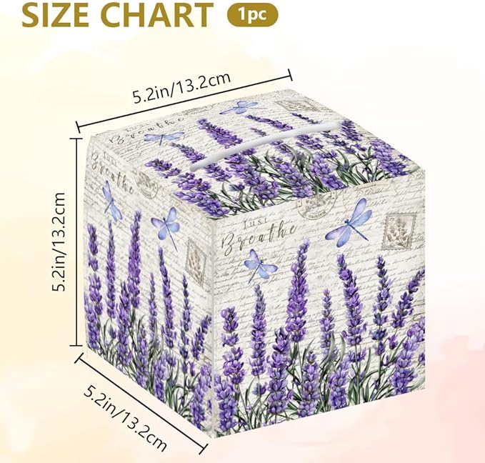 Lavender Tissue Box Holder, Flower Square Tissue Box Cover Foldable Tissue Storage Box Waterproof Paper Towel Case Container Organizer Tissue Box Holder for Bedroom Bathroom Car Nightstand