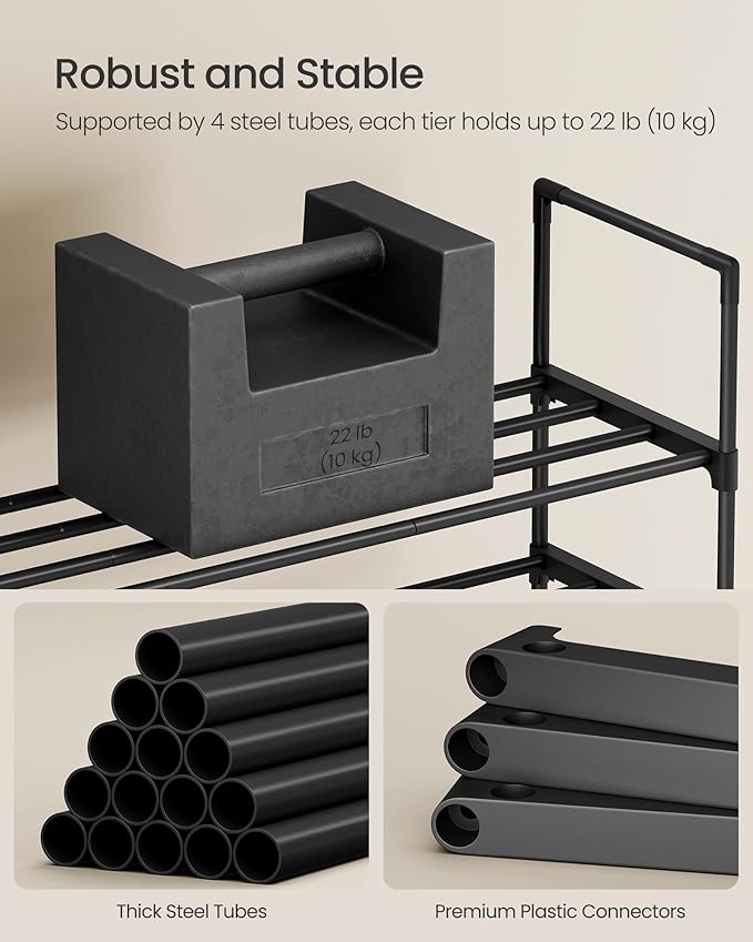 SONGMICS Shoe Rack, 4-Tier Shoe Organizer, Metal Storage Shelf, Upright or Upside Down, for 5-10 Pairs, Stackable, for Entryway, 11.8 x 16.7 x 28.2 Inches, Black ULSA004B01