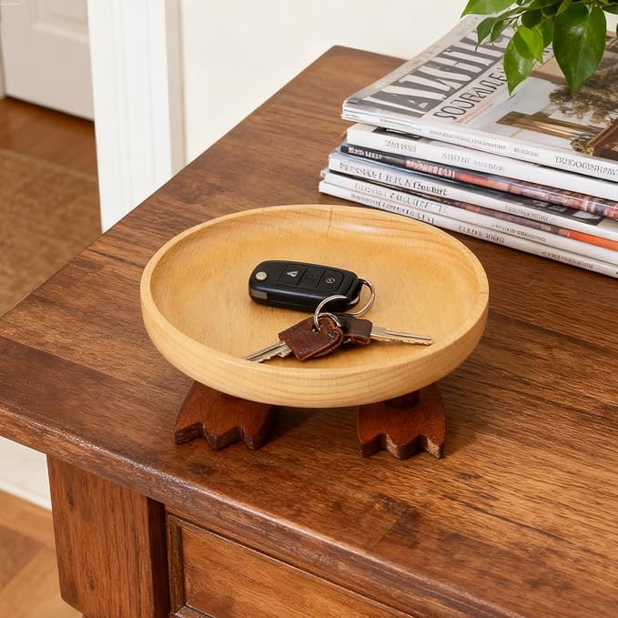 Wood Key Bowl for Entryway Table, Key Tray, Jewelry Tray, Valet Tray with 2 Cute Duck Feet, for Rings, Coins, Bracelets Watches