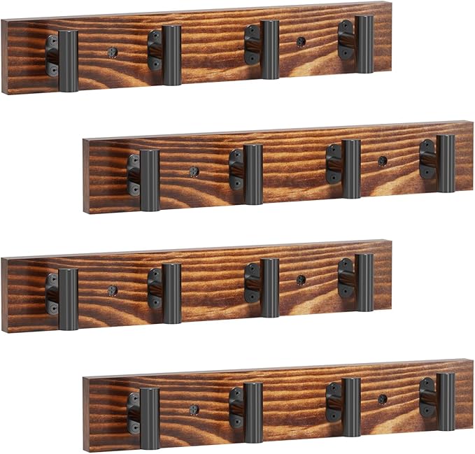 4 Pack Coat Rack Wall Mount, Rustic Coat Hooks Wall Mounted with 16 Black Metal Heavy Duty T Shaped Hooks, Pine Soild Wood Large Coat Hanger for Entryway, Living Room, Bathroom
