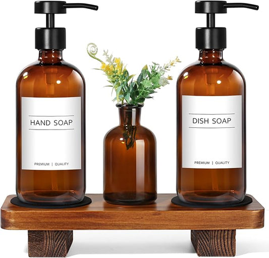 Amber Glass Soap Dispenser with Upgraded Flat Pump, Dish Soap Dispenser for Kitchen, Hand Soap Dispenser for Bathroom, Decorative Vase & Wood Riser Bathroom Decor(Amber02)