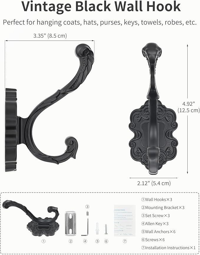 Vintage Coat Hooks Wall Mount, Unique Heavy Duty Wall Hooks for Hanging Towel Key Purse Hat Robe Clothes Decorative Hook for Bathroom Shower Closet Entryway Antique Black 3 Pack