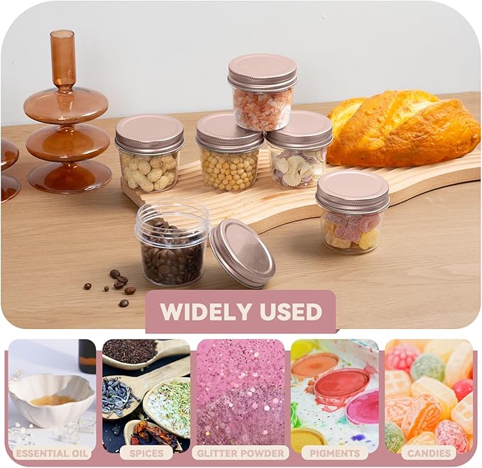 novelinks 4 oz Small Plastic Jars with Lids, 20 Pack Mini Plastic Mason Jars with Lids 4oz, Craft Storage Containers & Canning Jars & Small Spice Jars for Kitchen Organization (20 Pack,Rose Gold)