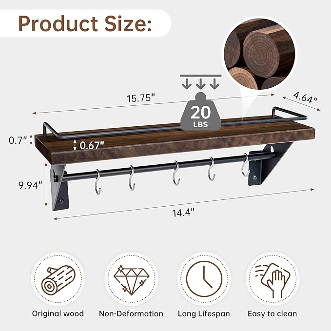 Coat Rack Wall Mount with Shelf - Natural Walnut Wall Shelf with Hooks, Entryway Floating Shelves with 5 Hooks and Metal Frame for Bags, Hats, Kitchen, Living Room, Bedroom