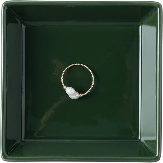 Ceramic Trinket Dish, Ring Tray, Decorative Jewelry Dish for Earrings Necklaces Watch Keys for Women (Dark Green Square)