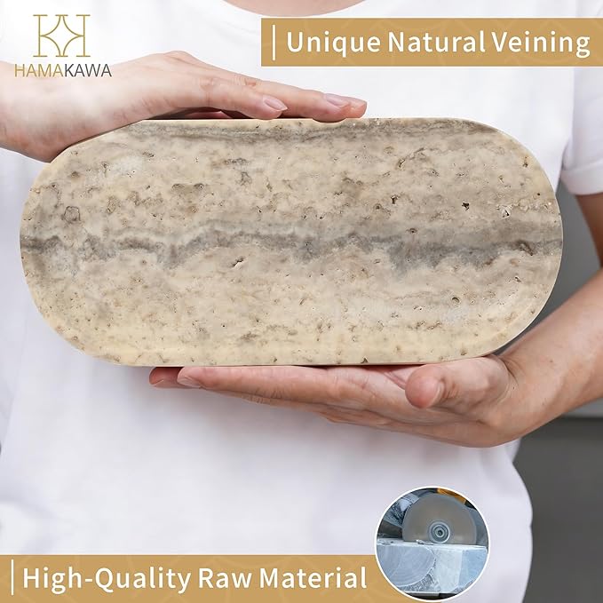 Bathroom Vanity Tray, Natural Marble Oval Tray 10 inch, GreyTravertine Vanity Tray for Soap Dispenser Modern Countertop Organizer for Kitchen Countertops, Home Decor